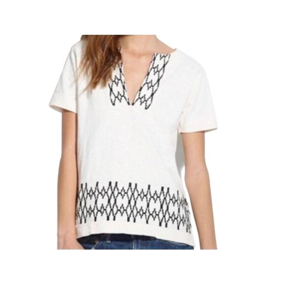 Madewell Boxstitch Slub Embroidered Cream Short Sleeve Split Neck Tunic Small - Picture 1 of 6